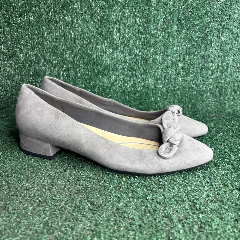 NEW Easy Spirit Secalasee Suede Bow‎ Block Heel Pumps Grey Womens Size 9 Wide